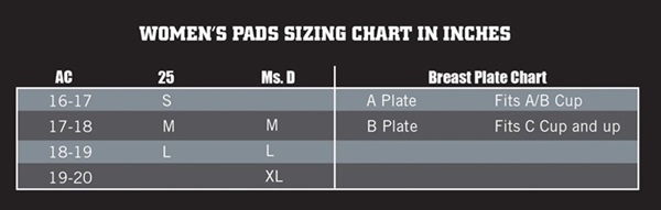 douglas womens size shoulder pad chart