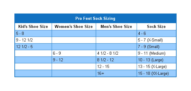Pro Feet Sock Size Chart